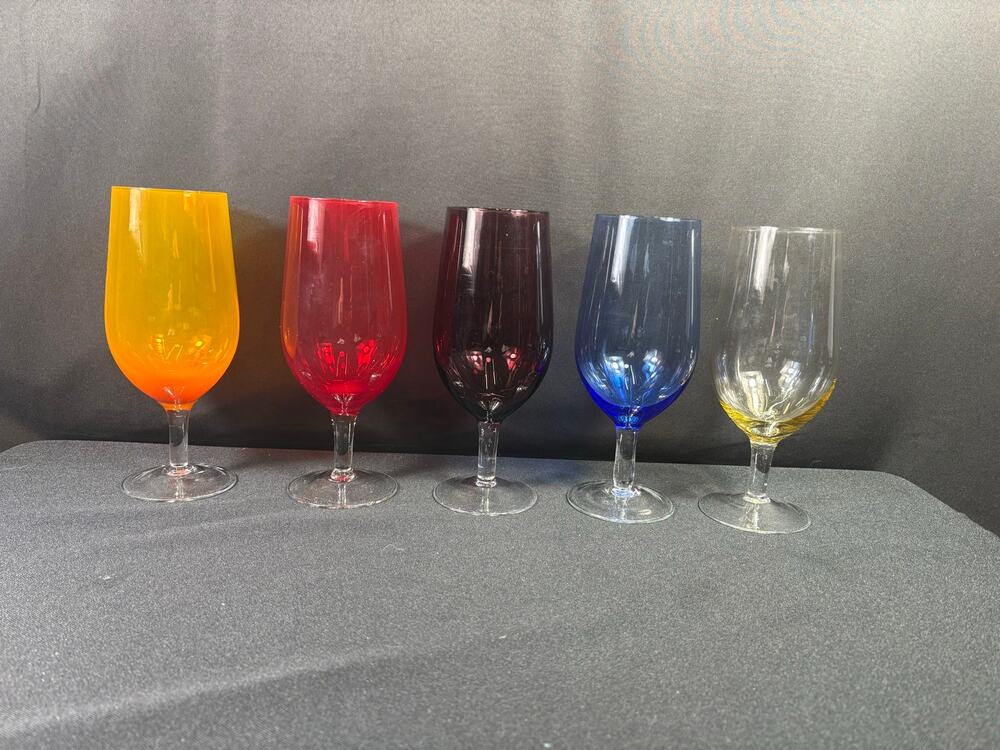 Vintage 60's EMPOLI Style Rainbow Colorful Wine Glasses 5 Goblets MCM 8" Tall